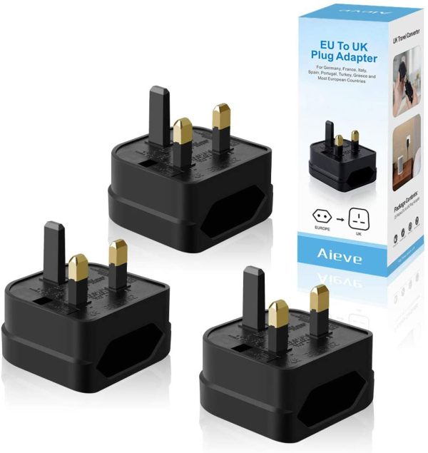 European to UK Plug Adaptor,AIEVE 2 Pin EU to UK 3 Pin Adapter Plug, EU to UK Plug Converter Euro Plug Adaptor UK Socket Adapter (3-Pack,Black) - Image 7