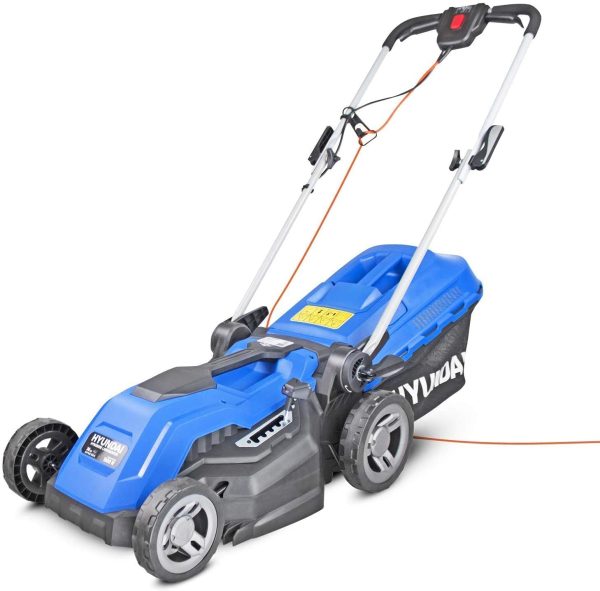 HYM3800E 1600W 230V Corded Electric Rotary Lawnmower With Rear Roller, 38cm Cutting Width, Mulching, 30L Grass Box, 5 Cutting Heights, 10M Power Cable, Blue