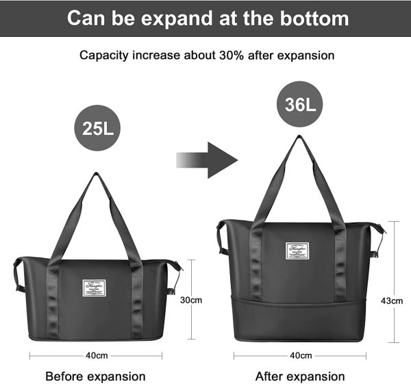 HJLIKE Travel Bag ,Large Duffle Bag Weekend Bag for Women Dry Wet Separation Overnight Bags Travel Holdall Bags Multifunctional Sports Gym Bag Expandable(25L or 36L) - Image 7