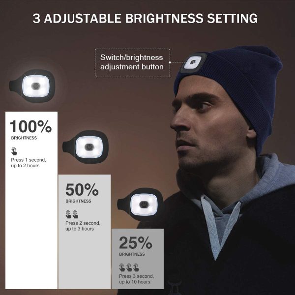 Rechargeable LED Lighted Beanie Hat, Perfect Dad Gifts in Christmas, Stocking Fillers Cap with Light Hands Free Head Torch Unisex Winter Warm Knit Beany - Image 2