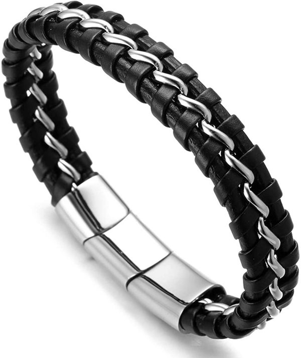 HALUKAKAH Kids ?? Solo Junior ?? Boy's Genuine Leather Bracelet Black 6-12+3 Y/O. Titanium Silver Chain Magnetic Clasp Size Adjustable 7"-7.7"(18-19.5cm) with Free Giftbox - Image 5