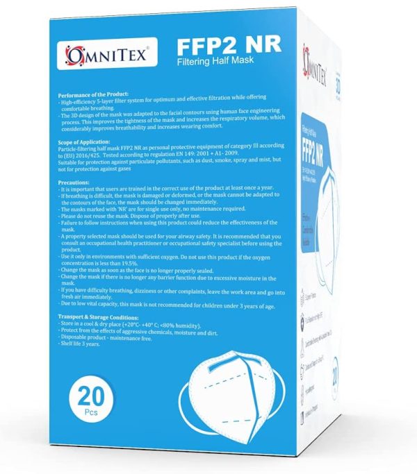 Omnitex  - Box of 20, Individually Wrapped | High Filtration - 5 Layers | EN149 CE Certified | Hypoallergenic | Fluid Resistant | Ear Loops & Adaptable Nose Bridge | 5X Extenders - Image 4