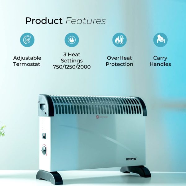 Geepas 2000W Convection Heater, Electric Convector Radiator Heater - 3 Heat Settings (750/1250 / 2000 W), Adjustable Thermostat & Overheat Protection - Free Standing, Ideal for Home or Office, White - Image 5