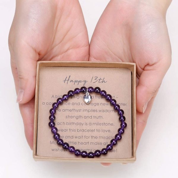 Giuesytic Gifts for 13 Year Old Girl Amethyst Bead Bracelet with Sterling Silver Heart Charm 13th Birthday Gifts for Girls with Card and Gift Box - Image 2