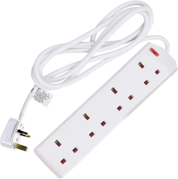 Extension Lead UK Pin Plug and Cable, 4 Gang Way 2m Power Adapter, Multi Socket Mains Strip White (1 Pack)