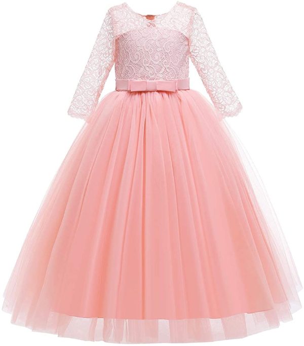 IWEMEK Flower Girls 3/4 Sleeve Floral Lace Tulle First Communion Pageant Dresses Kids Big Girls Princess Birthday Carnival Christmas Bridesmaid Wedding Party Prom Ball Gown 2-14 Years - Image 3