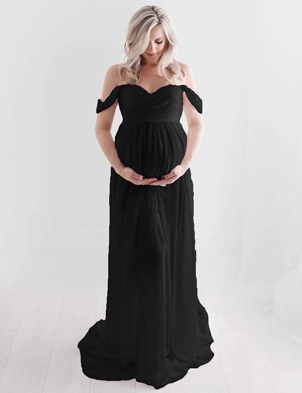 FEOYA Maxi Maternity Dress Chiffon Lace Strapless Gown Split Front for Pregnant Women Photography Full Length - Image 3