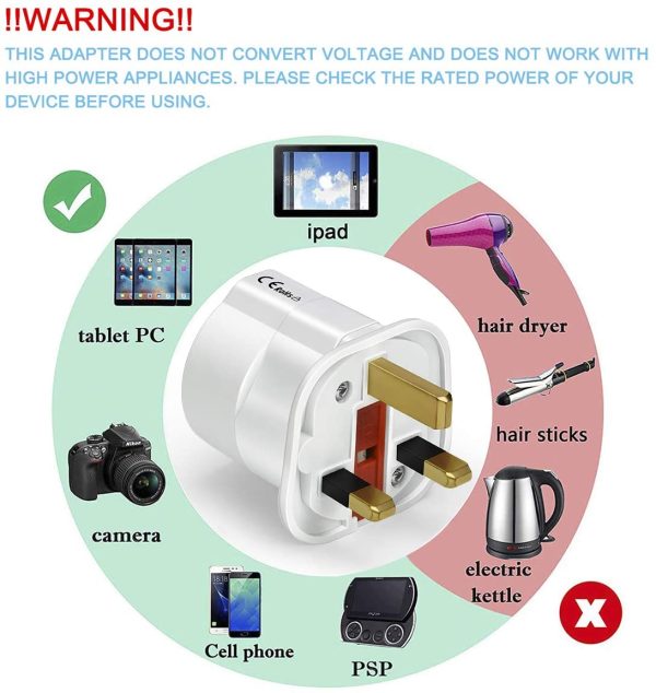 VGUARD European to UK Adapter, 1pack Plug Adaptor EU to UK Plug Adapter 2 Pin Plug Adaptor to 3 Pin for Travel or Electronic Device from France, Italy, Spain, Germany to UK - White - Image 3