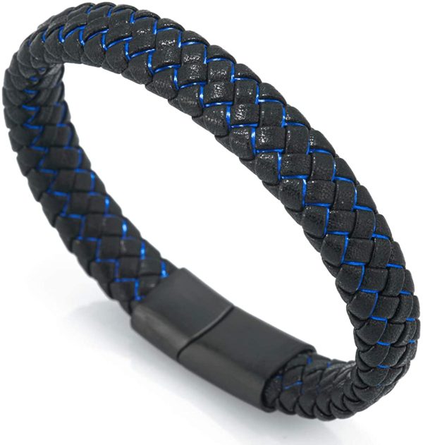 HALUKAKAH Kids ?? Jazz Junior ?? Boy's Genuine Leather Handmade Braid Black Mix Blue/Red Bracelet 6-12 Y/O. Titanium Magnetic Frosted Clasp Size Adjustable 18-19.5cm with Free Giftbox - Image 6