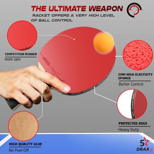 DRAXX Table tennis bat | 5 Stars Grade | Carbon & Premium rubber | Competition Ping Pong Bat | intermediate / advanced | Beginner & PRO Players | Carbone Kit professional paddle Training racket - Image 3