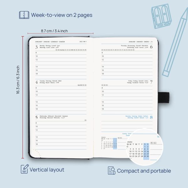 Pocket Diary 2022 Week to View 16.8 x 9 cm Hardback - Slim Weekly Planner with Monthly Planning, Note & Address Pages - Black - Image 5