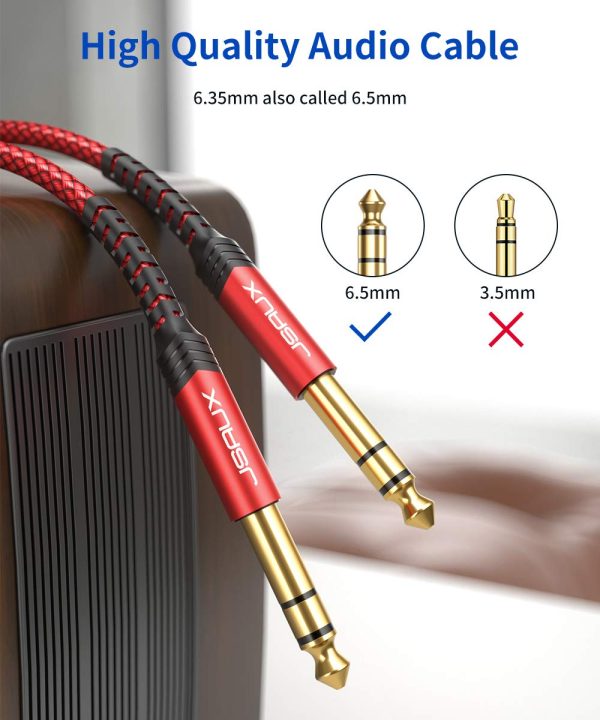 Professional Guitar Cable 2M (6.6ft), JSAUX 1/4"6.35mm to 6.35mm TRS Stereo Audio Guitar Lead Nylon Braided Jack Instrument Cable for Electric Guitar, Bass, Amp, Keyboard, Mondolin - Red