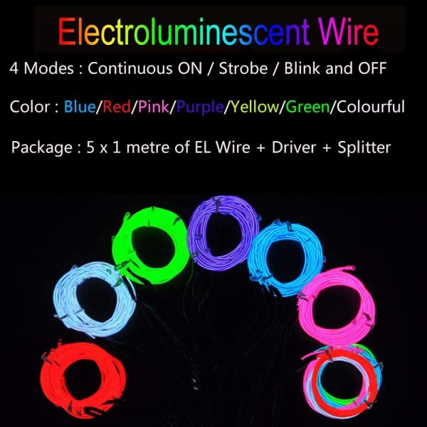 Portable 5x1 Metre Neon Lights Glowing Strobing Electroluminescent Wire Flexible Bright Neon Light EL Wire For Christmas Halloween Costume Decoration Parties (Blue)