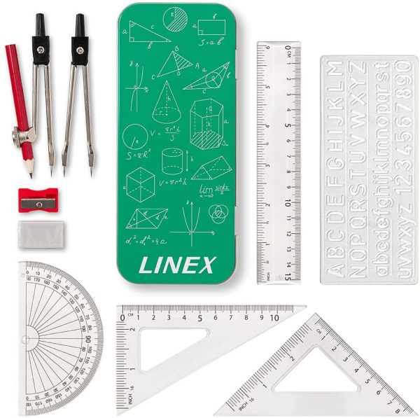 Linex Maths Set, Geometry Set in a Tin, 10 Pieces