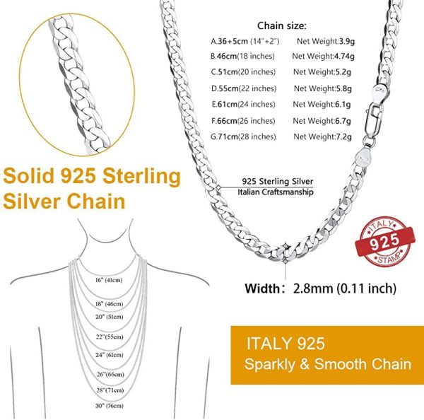 PROSTEEL Men Silver Cuban Chain Necklace, with 925 Stamp, Can Engrave, 2.8/5 MM Width,14/18/20/22/24/26/28/30" (Send Gift Box) - Image 2