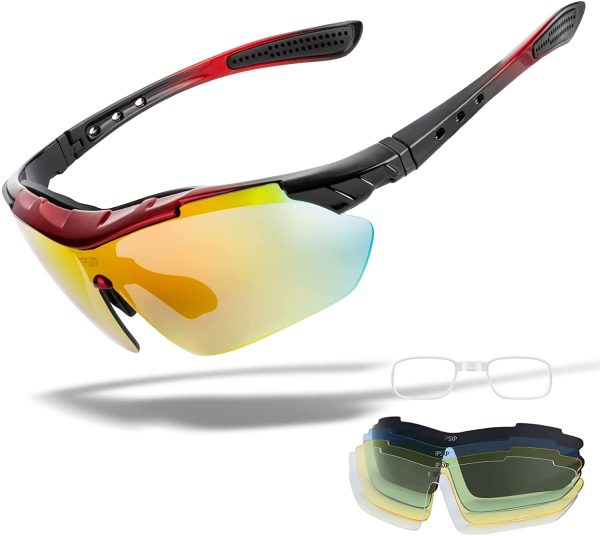 IPSXP Polarized Sports Sunglasses with 5 Interchangeable Lenses,Mens Womens Cycling Glasses,Baseball Running Climbing Fishing Driving Golf??Red and black??