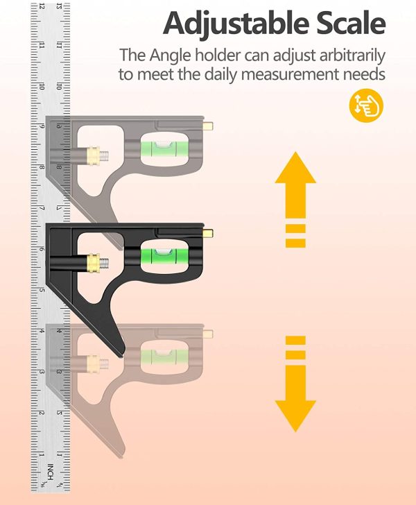 Combination Square, Set Square Engineers Square 12Inch/300mm Stainless Steel Ruler, Adjustable Carpentry Square 45/90 Degree with Bubble Level, Measuring Tool for Engineer/Carpenter/Woodworking-Black - Image 7