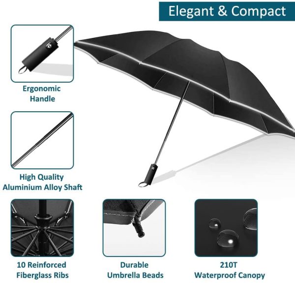 Inverted Umbrella Windproof, Travel Folding Umbrellas for Women Men, Golf Reverse Umbrella with Reflective Stripes, Teflon Umbrella Rain and Sun, Auto Open and Close Compact Portable Black Umbrella - Image 3