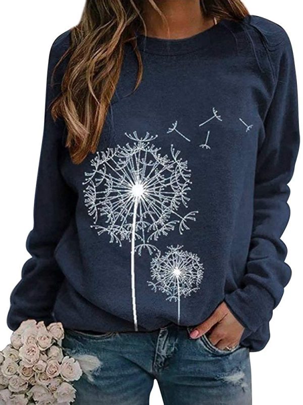 Dresswel Women Dandelion Print Sweatshirt Crew Neck Long Sleeve Tops Basic Jumper Tunic Blouse Shirts - Image 2