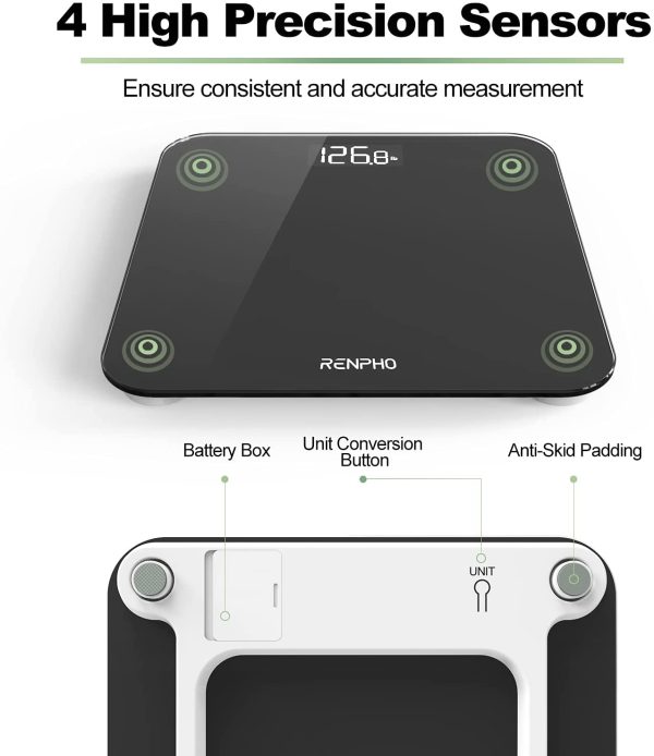 RENPHO Digital Bathroom Scales Weighing Scale with High Precision Sensors Body Weight Scale (Stone/lb/kg) - Black - Image 4