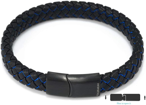 HALUKAKAH Kids ?? Jazz Junior ?? Boy's Genuine Leather Handmade Braid Black Mix Blue/Red Bracelet 6-12 Y/O. Titanium Magnetic Frosted Clasp Size Adjustable 18-19.5cm with Free Giftbox - Image 3