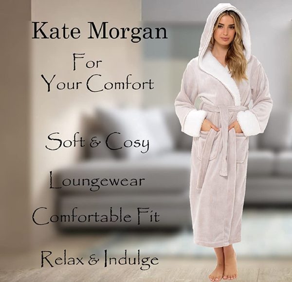 KATE MORGAN Ladies Dressing Gown Fluffy Super Soft Hooded Bathrobe for Women Plush Fleece Perfect Loungewear Long Robe | Gifts for Women - Image 5