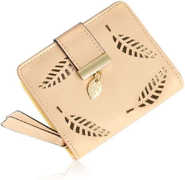 Leather Short Purse, Cute Women Leather Wallet Purses Women Fashion Short Purse Ladies Purse Clutch Holder Case Leaf Pendant Coin Zipper Short Purse( Beige ) - Image 2