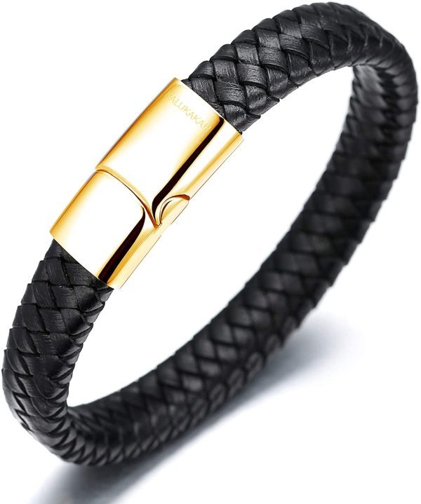 HALUKAKAH Kids ?? Solo Junior ?? Boy's Genuine Leather Bracelet Classic Black 6-12 Y/O. Golden Titanium Magnetic Clasp 7"/18cm with Free Giftbox - Image 5