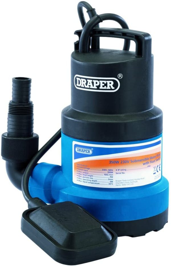 Draper 61668 Submersible Water Pump with Float Switch - Black/ 350W 108L/min SWP112