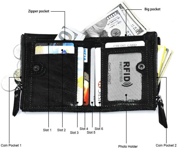 Hibate Mens Leather Wallet RFID Blocking Men Wallets Credit Card Holder Coin Pocket Purse - Black