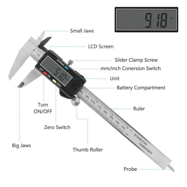 Digital Vernier Caliper,CestMall Electronic Caliper 150mm/6 Inch with Extra-Large LCD Screen Digital Precision Measuring Tool Micrometer Stainless Steel with Mm/Inch Conversion - Image 7