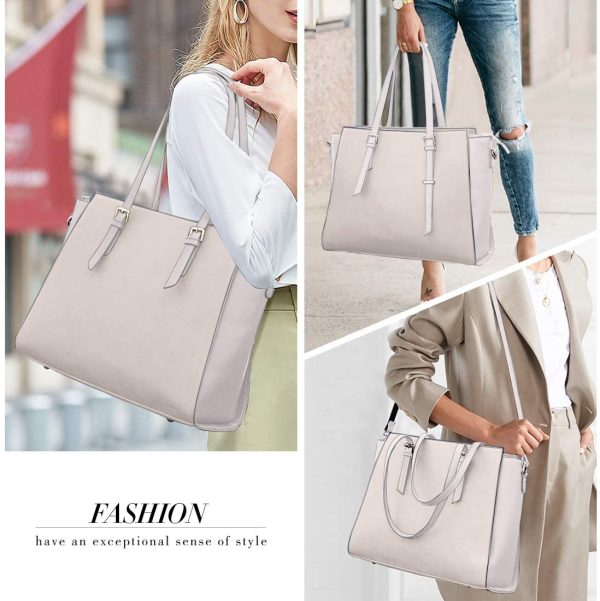 Laptop Bags for women Large Leather Handbags Ladies Laptop Tote Bag Business Work Shoulder Bag lightweight 15.6 Inch Beige