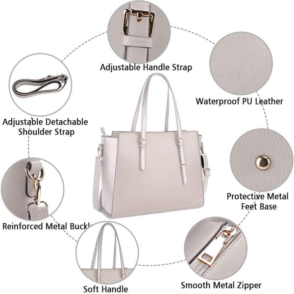 Laptop Bags for women Large Leather Handbags Ladies Laptop Tote Bag Business Work Shoulder Bag lightweight 15.6 Inch Beige - Image 4