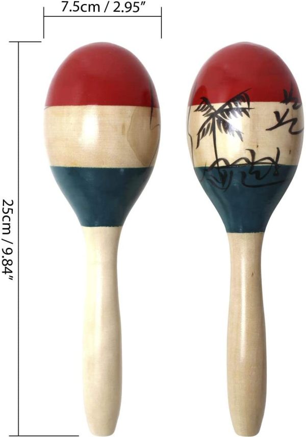 iGadgitz Xtra U7130 Pair of Adult Full Size Painted Elm Wood Maracas - Wood Colour, Green, Red and Black Motif - Image 2