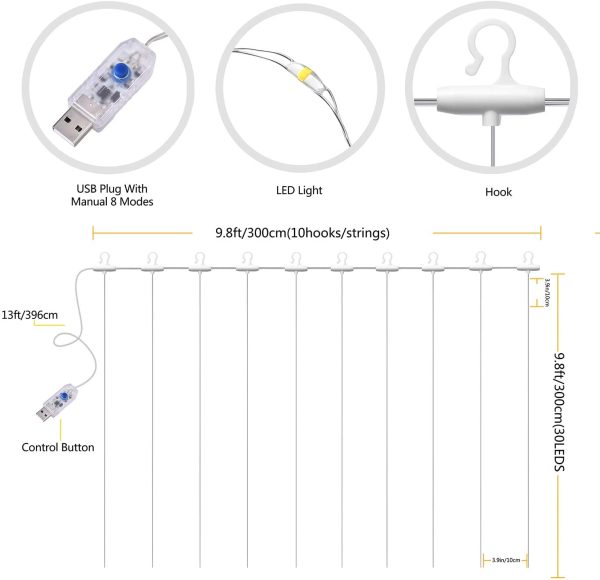 Curtain Fairy Lights, 300 LED 3m x 3m 8 Modes USB Plug in Hanging Window Light,Remote Timer Copper Wire String Lighting for Bedroom Outdoor Garden Wall Gazebo Christmas Decorations Cool White - Image 3