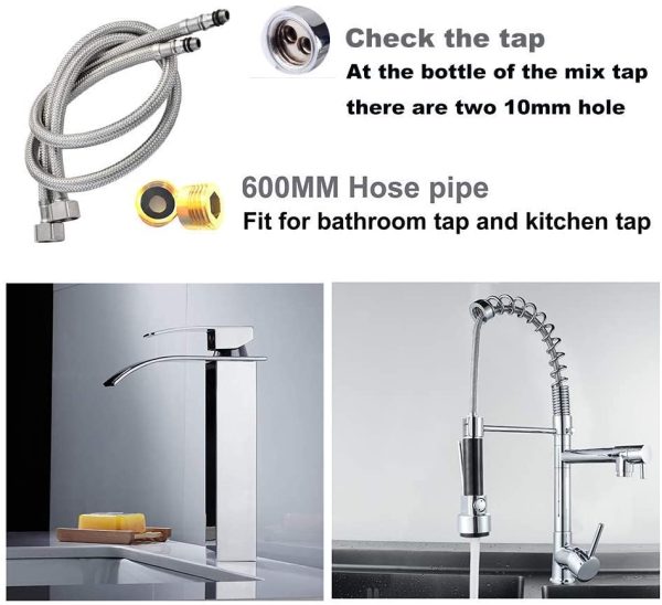 Pack of 2 Kitchen/Basin Monobloc Mixer Tap Connectors Flexi Pipes Tails British Standard Pipe M10 x1/2 Fitting 600mm Long (Silver Pipes) - Image 5