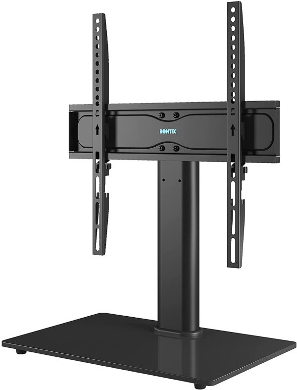 BONTEC Universal Table Top Pedestal TV Stand with Bracket for 26??-55?? LCD/LED/Plasma TVs-Height Adjustable TV stand with 8mm Tempered Glass Base & Cable Management-Holds 40 KG & Max.VESA 400x400mm