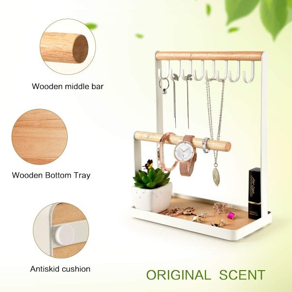 PAMANO Jewelry Stand Holder, Multi Tier Necklace Hanging Wooden Ring Organizer Earring Tray, 8 Hooks Storage Necklaces, Bracelets, Rings and Watches on Desk Tabletop - Image 6