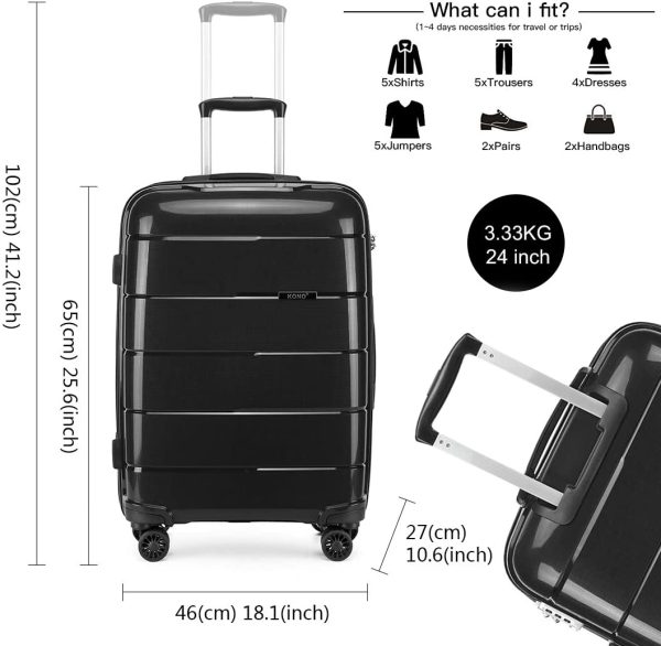 Kono Lightweight Polypropylene Suitcase Hard Shell Luggage Sets Built in TSA Lock 55cm/65cm/74cm (Set of 3, Black) - Image 2