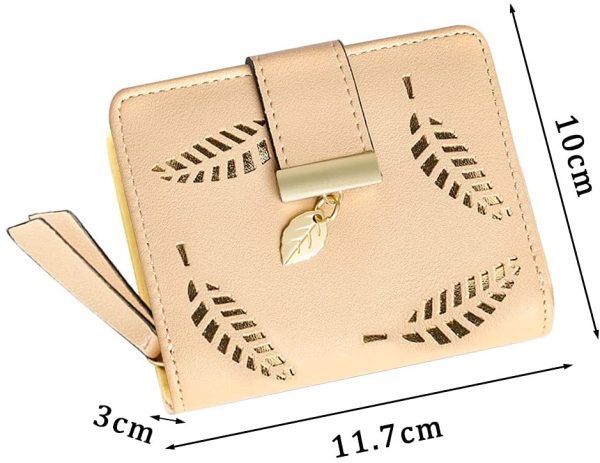 Leather Short Purse, Cute Women Leather Wallet Purses Women Fashion Short Purse Ladies Purse Clutch Holder Case Leaf Pendant Coin Zipper Short Purse( Beige ) - Image 3