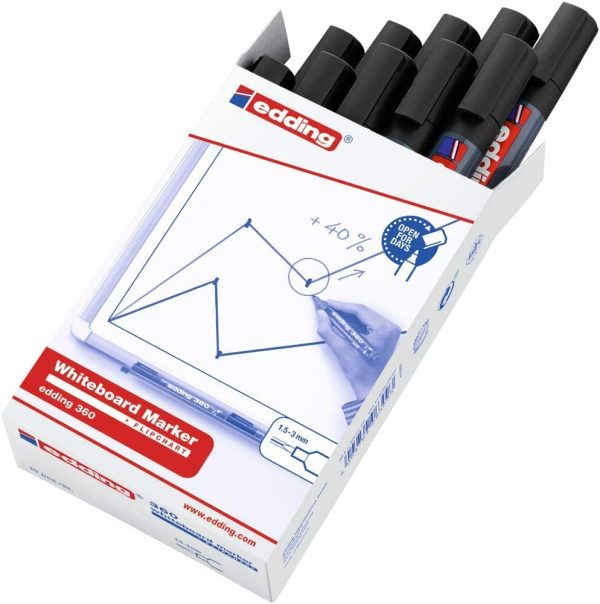 edding 360 Whiteboard Marker - Black - 10 Whiteboard Pens - Round Tip 1.5-3 mm - Whiteboard Pen Dry Wipe - for Whiteboards, Flipcharts, Pinboards, Magnetic and Memo Boards - Sketchnotes - Refillable - Image 5