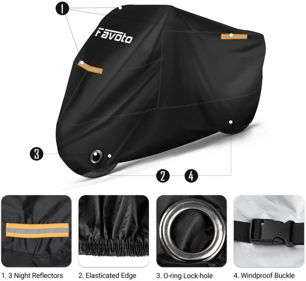 Motorcycle Cover All Season 210T Waterproof Motorbike Cover 225cm long UV Scratch Heat-Resistant Outdoor Protection with Night Reflector Lock-Holes Storage Bag fits up to 88.6??Motors black - Image 3