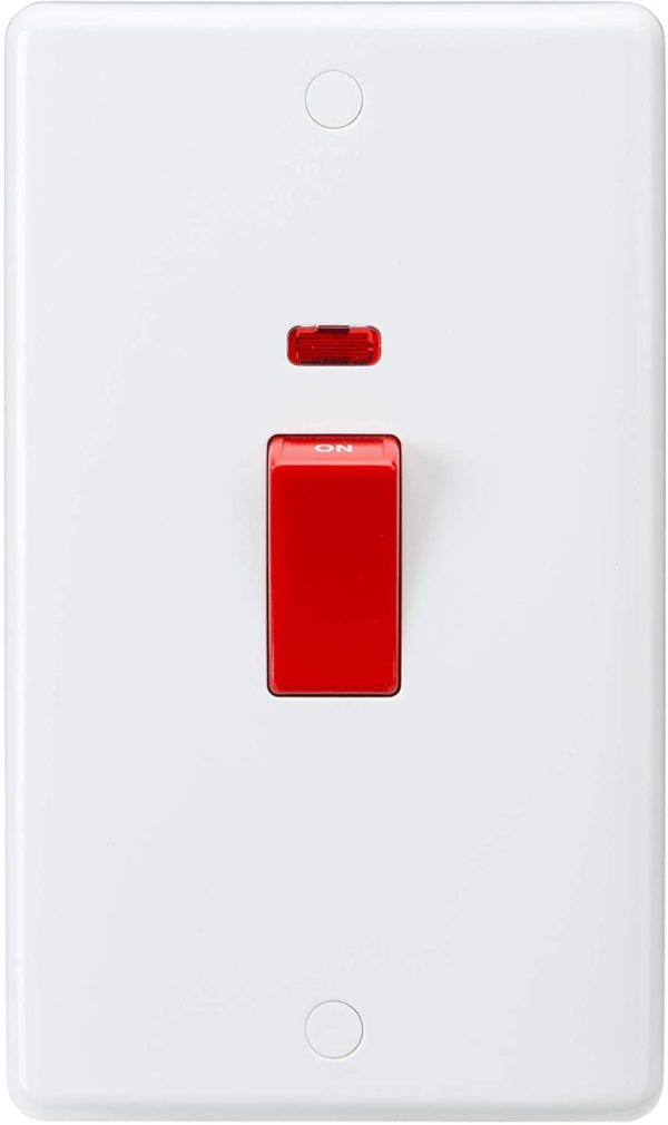 Knightsbridge CU8332N Curved Edge 2 Gang DP Switch and Neon in White with White Rockers, Cooker 45A Red Switch + Neon Large - Image 2