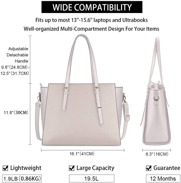 Laptop Bags for women Large Leather Handbags Ladies Laptop Tote Bag Business Work Shoulder Bag lightweight 15.6 Inch Beige - Image 5