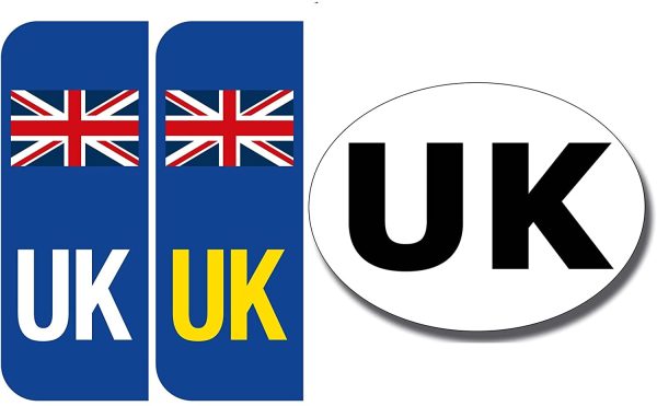 UK Car Number Plate - Vinyl Stickers - Union Jack - NO EU Flag Brexit - Pack of 2 (Front/Rear)+ UK Oval Sticker,Replaces GB Sticker