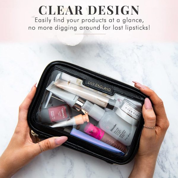 Clear Travel Makeup Bag Organiser - Small Portable Airport Toiletry Cosmetic Case by Lily England, Black and Gold - Image 3