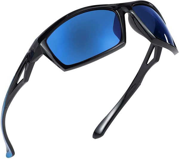 Komonee Sports Sunglasses For Men Women Ski Type Round Sun Glasses UV400 Protection Unisex Black With Blue Shades For Golf Cycling Running Fishing