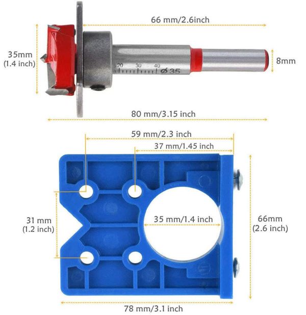 Goysen Concealed Hinge Jig Hole Forstner Guide Bit Forstner Drill Bit 35mm Hinge Hole Cutter with Forstner Bit Positioner Hole Puncher Locator for Cabinet Hinges and Mounting Plates