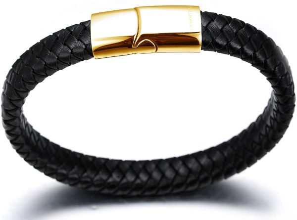 HALUKAKAH Kids ?? Solo Junior ?? Boy's Genuine Leather Bracelet Classic Black 6-12 Y/O. Golden Titanium Magnetic Clasp 7"/18cm with Free Giftbox - Image 3