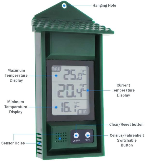 Digital Max Min Thermometer - Monitor Max and Min Temperatures With This Handy Greenhouse Thermometer Garden Accessories Easily Wall Mounted Maximum Minimum Thermometer